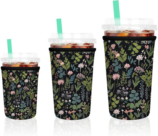 3 Pack Iced Coffee Sleeve, Reusable Insulated Neoprene Cup Sleeve for Cold & Hot Drinks Beverages, Cup Holder for 16-32oz Coffee Cups, Black Flowers