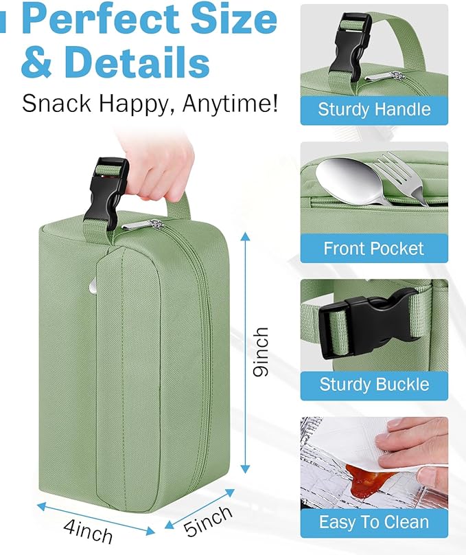 Small Insulated Snack Bag Lunch Box,Collapsible Reusable Small Lunch Bag with Snap Buckle Handle for Beach Travel Picnic,Green 5-Can(3L)