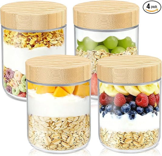 DRKIO 16 Oz Overnight Oats Containers with Bamboo Lids - 4 Pack Glass Storage Jars with Airtight Lids Wide Mouth Mason Food Jars Great for Meal Prep Salad Chia Pudding Snacks Yogurt Sugar Spice Cereal
