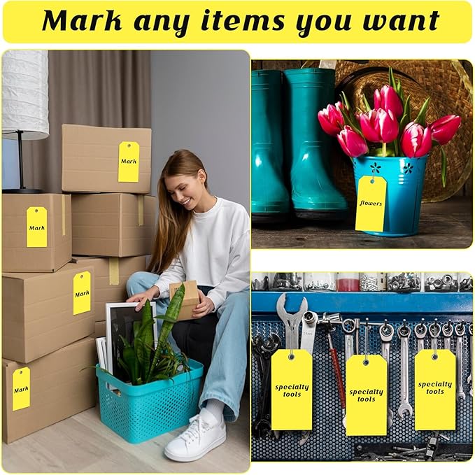 200 PCS 4 3/4" x 2 3/8" Neon Color Shipping Tags with Wire Paper Heavy Duty Hang Tags with Reinforcement Holes Writable Luggage Tag with String Durable Marking Tags (Neon Yellow, 4 3/4" x 2 3/8")