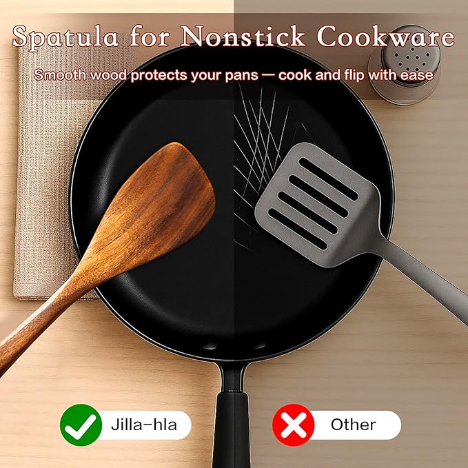 Wooden Spatula Nonstick Turner Acacia Wood, Left Long Handle Flat Frying Spatulas Handmade for Kitchen Gifts, Ideal Cookware Utensils for Cooking Eggs, Fish, Pancakes