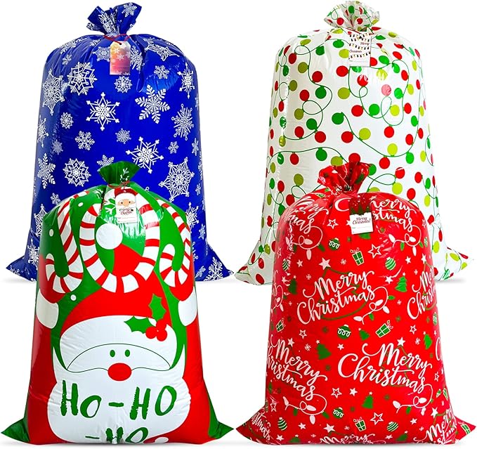 POPGIFTU Extra Large Christmas Gift Bags Bulk - 4 Pack Jumbo Santa Sacks 54.3" x 36.2" Heavy Duty Plastic Xmas Wrapping Bags for Oversized Presents, Toys & Holiday Gifts with Tags & Ties