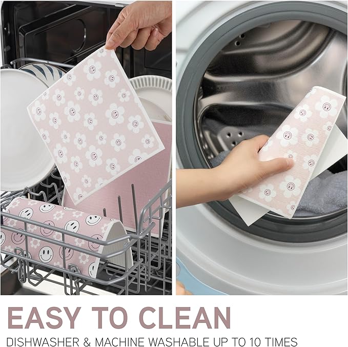 COOK WITH COLOR Eco-Friendly Reusable Swedish Dishcloths for Kitchen - Pack of 8 Reusable Paper Towels, Biodegradable Cellulose Sponge Cloths- Assorted Designs and Colors, Pink Floral