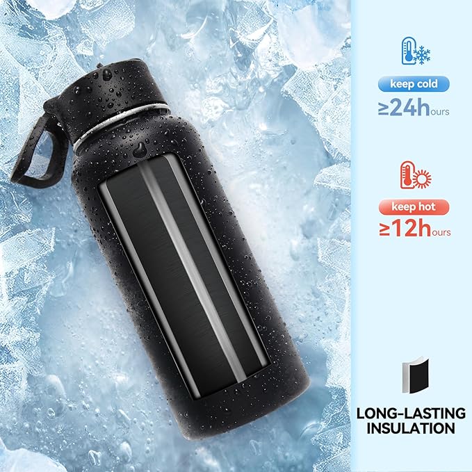 Neihepal 32 oz Insulated Water Bottles Bulk with 2 Lids (Straw & Spout Lid), Stainless Steel Double Wall Water Bottle, Keeps Cold 24H & Hot 12H (Black,4 Pack)
