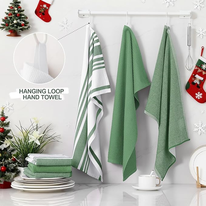 Homaxy Premium Kitchen Towels(18”x 28”, 6 Pack), Large Cotton 380 GSM Kitchen Hand Towels, Soft and Absorbent Terry Dish Towels, Multipurpose Tea Towel Set with Hanging Loop, Grass Green