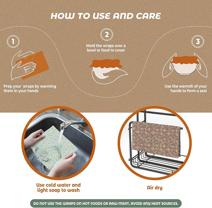 Akeeko Reusable Beeswax Food Wraps - Assorted 9 Packs, Reusable, Plastic-Free Food Storage, 5 Small, 2 Medium, 1 Large, 1 Extra Large Wraps with Water Color Flora Pattern