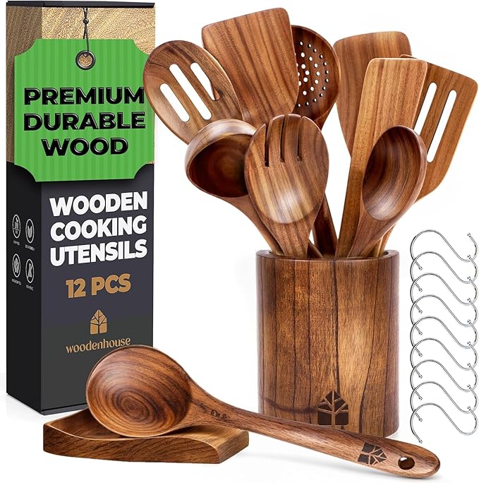 Wooden Spoons for Cooking – Wooden Cooking Utensils Set with Holder, Spoon Rest & Hooks, Teak Wood Nonstick Kitchen Cookware – Durable Set of 12pcs by Woodenhouse - Unique Kitchen Gifts for Women Men