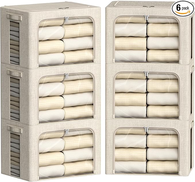 FHSQX 6 Pack Clothes Storage Bins with Metal Frame Foldable Storage Bins for Clothes Linen Fabric Storage Box with Clear Window (Beige, 19.7x15.7x13inch(66L))