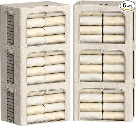 FHSQX 6 Pack Clothes Storage Bins with Metal Frame Foldable Storage Bins for Clothes Linen Fabric Storage Box with Clear Window (Beige, 19.7x15.7x13inch(66L))