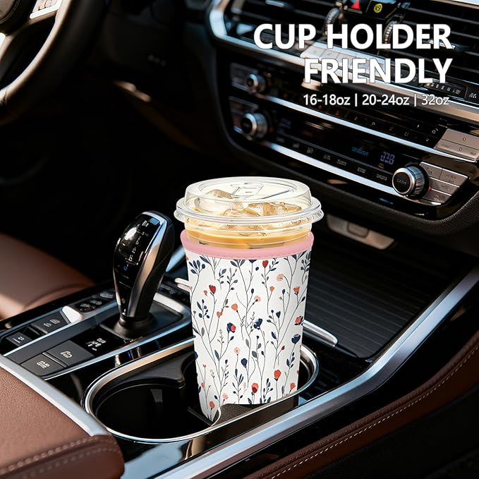 Iced Coffee Sleeve, Reusable Insulated Neoprene Cup Sleeve for Cold & Hot Drinks Beverages, Cup Holder for 22-24oz Coffee Cups,White Flowers
