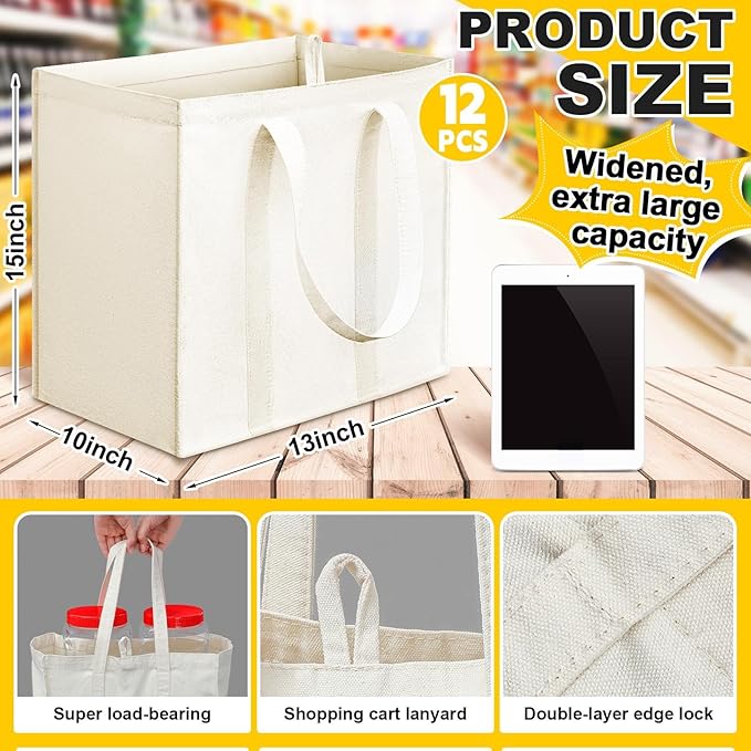 Amylove 12 Pack Canvas Tote Bag Canvas Grocery Bag Large Reusable Heavy Duty Shopping Pouches Bulk with Handle 15 x 13 x 10''