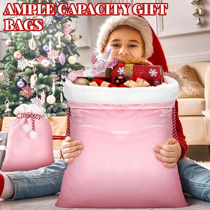 Shappy 2 Pieces Christmas Velvet Santa Bags with Drawstring in 2 Size Large Christmas Bags Santa Gift Sack for Xmas Playing Present Toy(Pink)