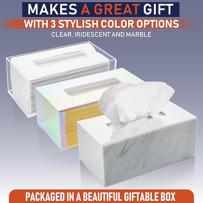 Acrylic Tissue Box Holder, Clear Dispenser for Facial Tissues, Napkins, and Dryer Sheets. Perfect for Bathrooms, Desks, Countertops, Vanities, Bedrooms, and Nightstands (Rectangle, Iridescent)