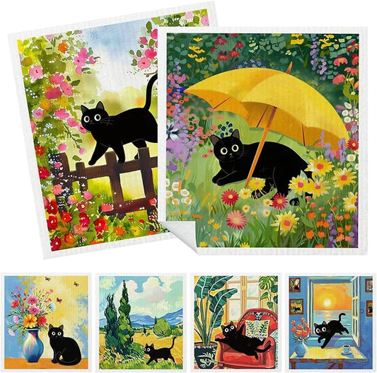 Mixed Floral Cat Swedish Kitchen Dishcloths Dish Towels 6 Pack, Cats Dish Towels for Kitchen, Swedish Dishcloth with Cats, Paper Towels Reusable, Dish Cloth Towel Cleaning Wipe for Home Party