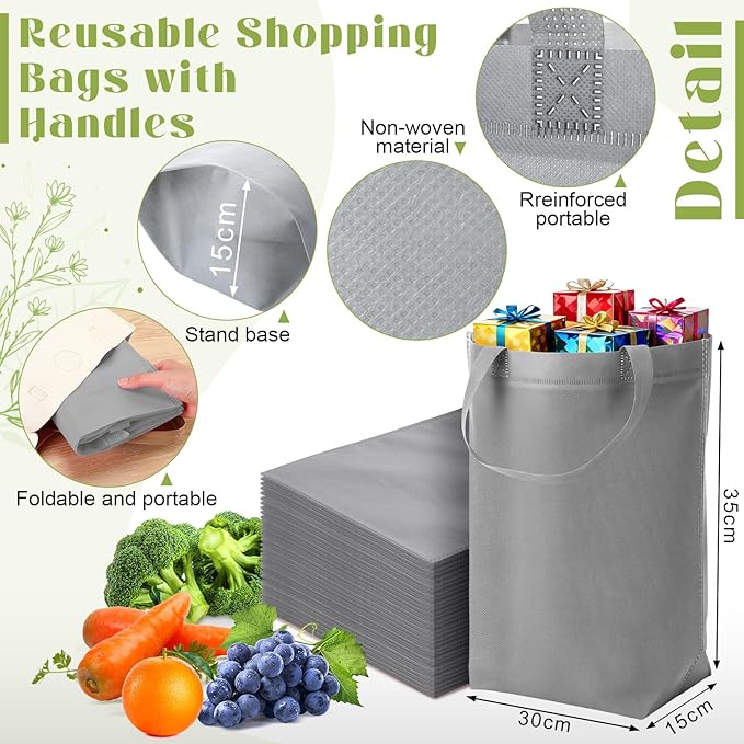 Windyun Reusable Grocery Bags Large Non Woven Shopping Bags with Handle Foldable Portable Tote Carryall Bulk 11.8x6x13.8 Inch