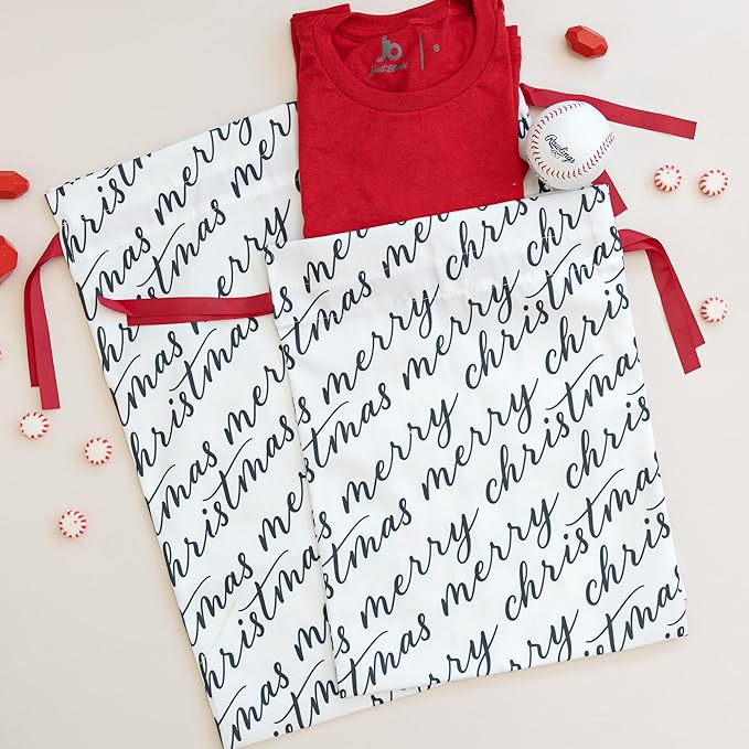 Gather & Knot Drawstring Christmas Gift Bags | 20" Large 16" Medium | Premium Canvas | Reusable Fabric Wrap for Holidays | Mix & Match | White Merry Christmas