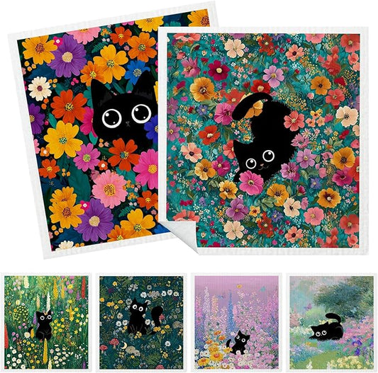 Mixed Black Cat Swedish Kitchen Dishcloths Dish Towels 6 Pack, Cats Dish Towels for Kitchen, Swedish Dishcloth with Cats, Paper Towels Reusable, Dish Cloth Towel Cleaning Wipe for Home Party