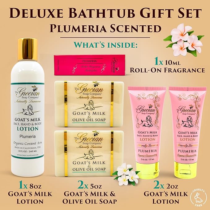 The Grecian Soap Company Deluxe Bathtub Gift Set – 6pcs Goat Milk & Olive Oil Skin Care Set, Spa Gifts, Bridal Shower Gifts Gifts for Mom, Birthday Gifts, Plumeria Scent, Handmade in the USA