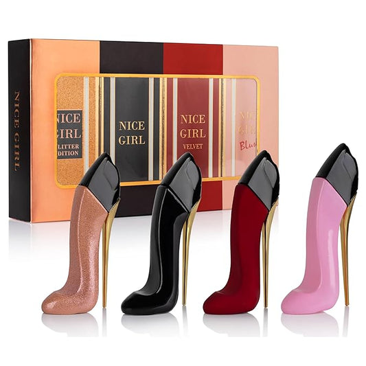 Nice Girl 4 PC Mini Perfume Gift Set for Women, Sweet Vanilla Floral Fragrance, Tuberose, Rose, Amber, Cacao, Powdery Almond, Travel Size 30ml Eau De Parfum, Classic, Velvet, Glitter, & Blush