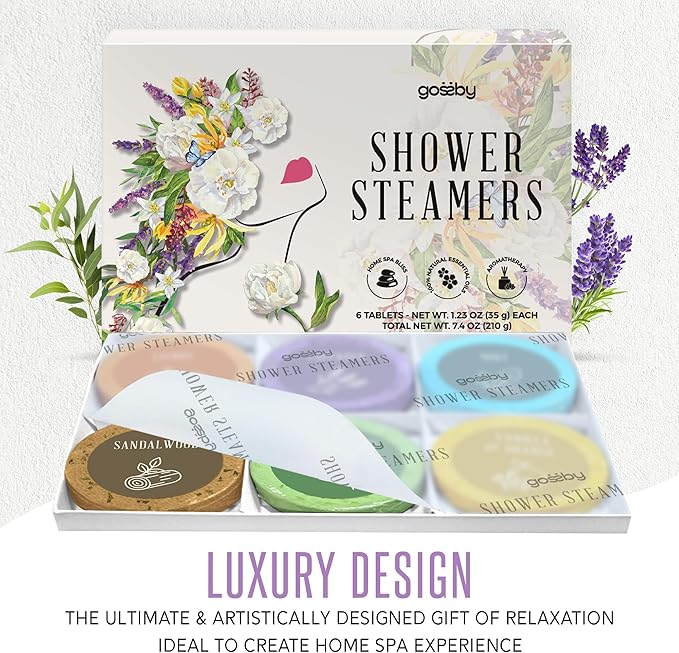 Shower Steamers Aromatherapy GOSSBY 6 Pack - Gifts for Women, Birthday Gifts for Her, Home Spa, Shower Bombs, Self Care, Relaxation, Lavender Essential Oil, Teen Girl Gifts - Serene Essence Style