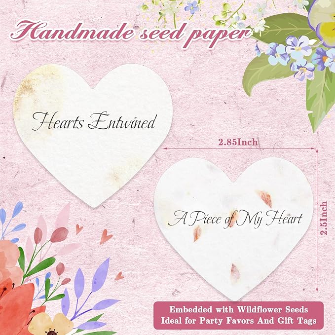 50 Pcs Funeral Memorial Seed Paper for Guests Plantable Wildflower Seeds Paper Recycled Sympathy Gifts for Loss of Father Mother Loved One Petals Tags for Guests, 2 Styles(Heart)