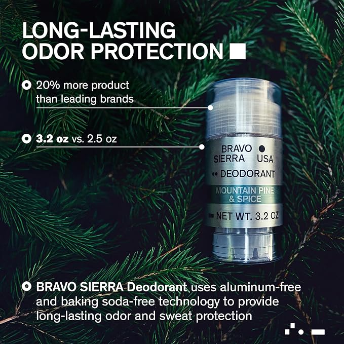 Aluminum-Free Deodorant for Men by Bravo Sierra, 2-Pack - Contains Natural Ingredients - Long Lasting All-Day Odor and Sweat Protection - Mountain Pine & Spice - Paraben-Free, Vegan & Cruelty-Free