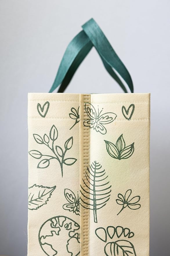 Bagways 50 PACK Reusable Grocery Totes with Handles, Durable, Foldable, Washable Eco-Friendly Shopping Tote Bags Bulk, 14x6.5x14 inches - Beige/Green Ecodoodles