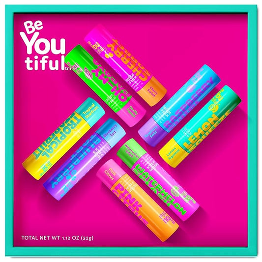 BeYoutiful Skincare Natural Lip Balm Set of 8 for Teens, with Shea Butter & Vitamin E, 8 Fruity Flavors In a Gift Box, Great Stocking Stuffer Gifts for Kids Girls, Tweens and Teens