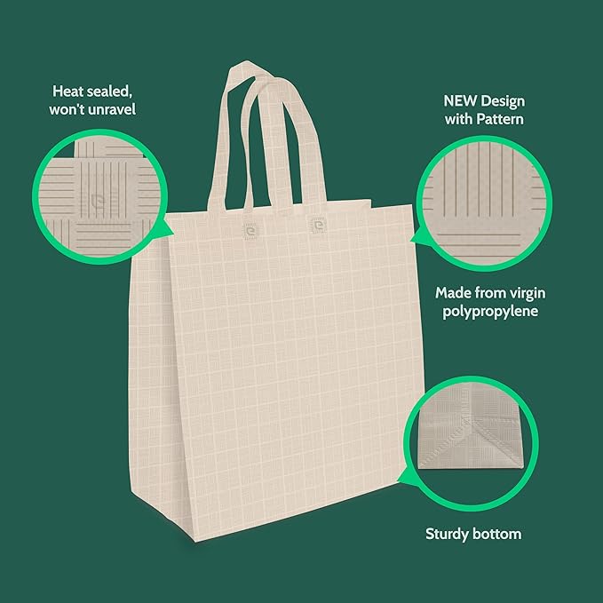 Bagways 50 PACK Reusable Grocery Bags with Handles, Durable, Foldable, Washable Eco-Friendly Shopping Totes, 14x6.5x14 Inch, Beige Pattern