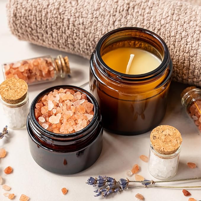 KEYWING 4oz Amber Glass Jars with Black Lids, 48 Pack Empty Cosmetic Containers Small Glass Jars with Inner Liners for Creams, Lotions, Ointments and Powders