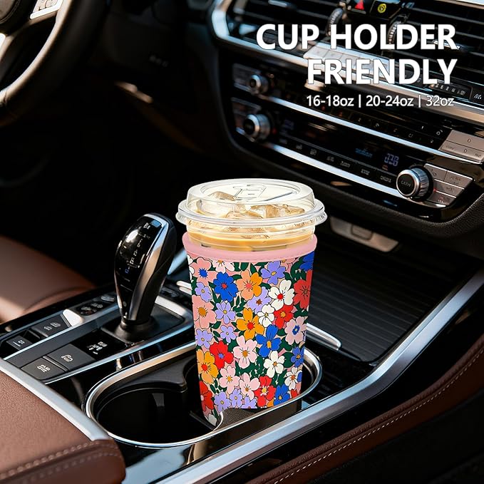 Iced Coffee Sleeve, Reusable Insulated Neoprene Cup Sleeve for Cold & Hot Drinks Beverages, Cup Holder for 32oz Coffee Cups, Watercolor Flowers