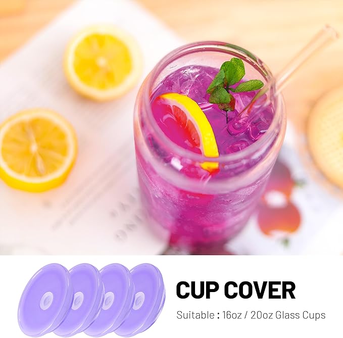 Joyclub 4 Pack Acrylic Lids for 16 oz Glass Cups with Bamboo Lids and Straws Reusable Iced Coffee Cup Beer Can Drinking Glasses for Smoothie Whiskey Boba Soda Tea Gift (Purple)