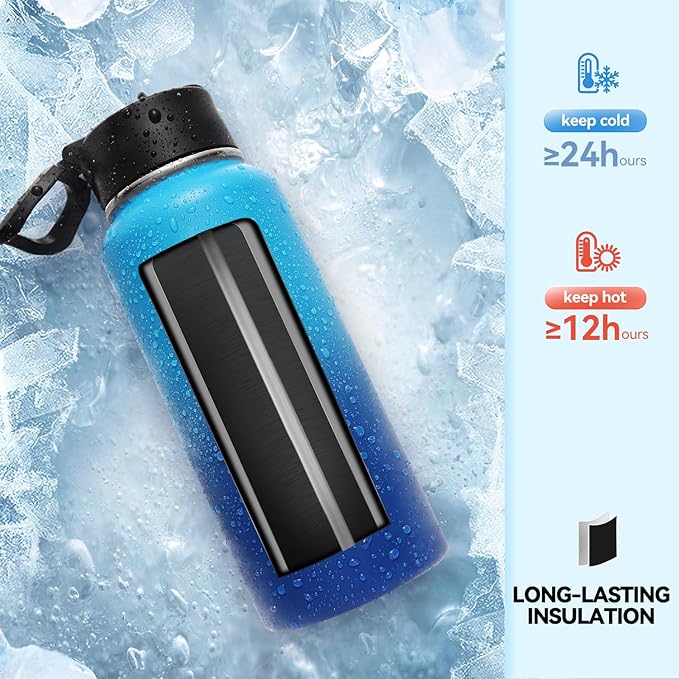 Neihepal 32 oz Insulated Water Bottles with 2 Lids (Straw & Spout Lid), 18/8 Stainless Steel Double Wall Water Bottle for Gym, Travel, Camping, Sports (Green Blue,2 Pack)