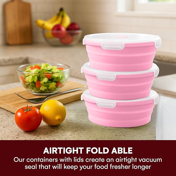 Vdomus Collapsible Food Storage Containers - Leak Proof, Microwave Safe - 40.5oz/1.2L Airtight Silicone Food Containers - Meal Prep Collapsible Bowls with Lids - Set of 3 - Pink