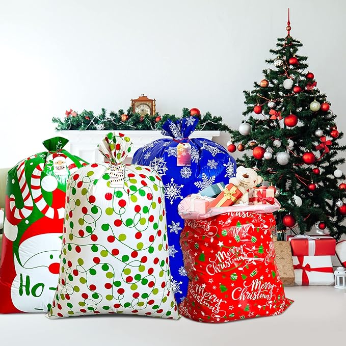 POPGIFTU Extra Large Christmas Gift Bags Bulk - 4 Pack Jumbo Santa Sacks 54.3" x 36.2" Heavy Duty Plastic Xmas Wrapping Bags for Oversized Presents, Toys & Holiday Gifts with Tags & Ties