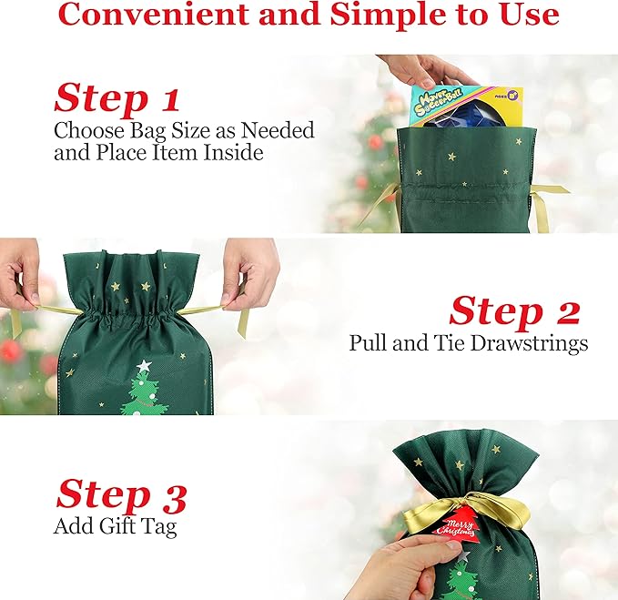 Fabric Christmas Gift Bags - 6 Pcs Gift Bags with Drawstring, Large Reusable Christmas Bags for Gifts (Green Xmas Tree Assorted)