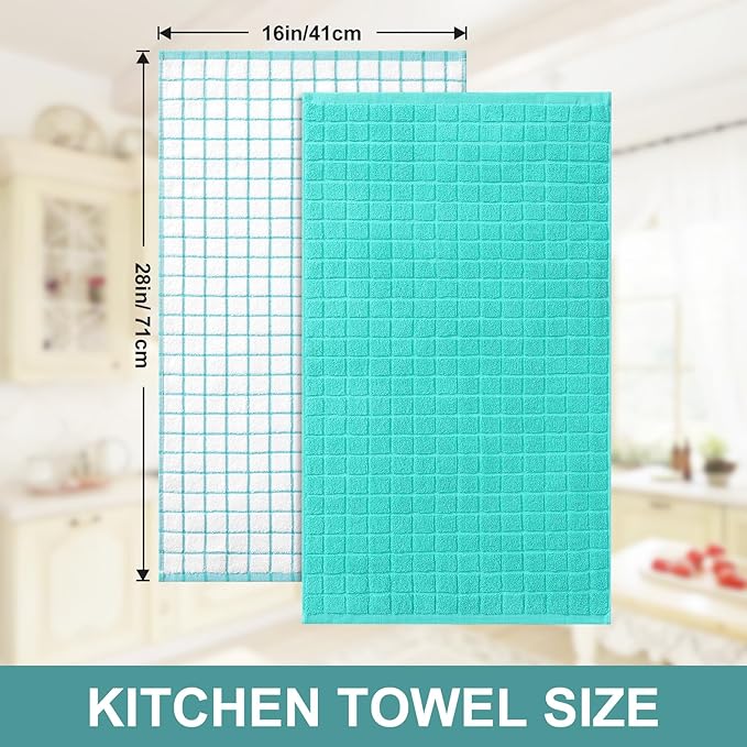 Homaxy Premium Cotton Kitchen Towels 16"x 28", Large Natural Ring Spun 390 GSM Dish Towels, Super Absorbent Terry Kitchen Hand Towels, Soft Tea Towel with Hanging Loop, Aqua Check Design, 8 Pack