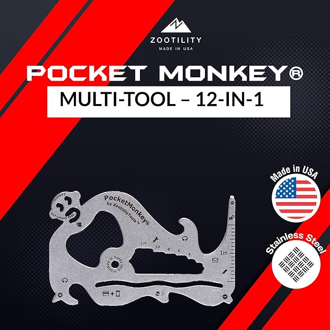 Wallet Multi-Tool, PocketMonkey 12-in-1 Credit Card Tool, Bottle Opener, Stainless Steel, MADE IN USA
