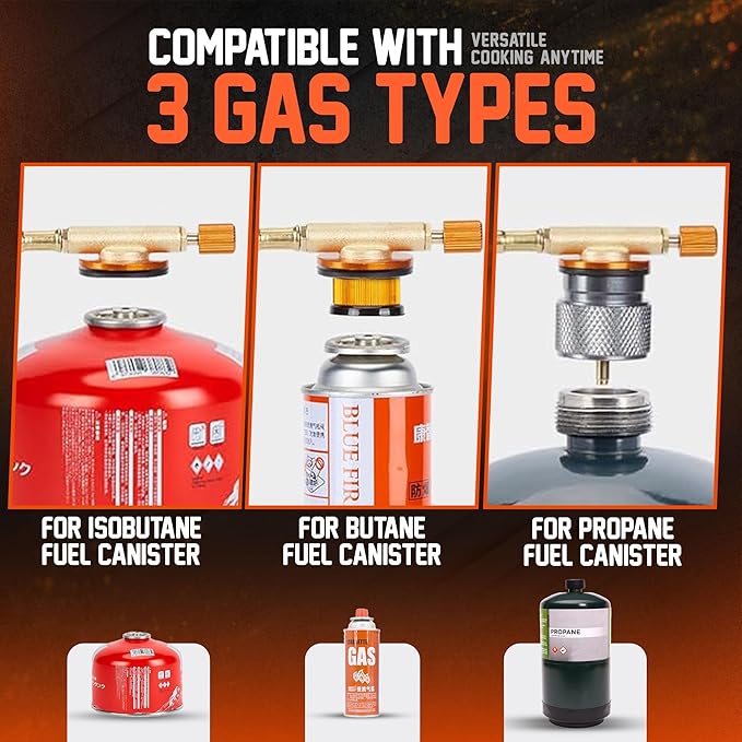 3500W Camping Stove, Backpacking Windproof Camp Stove with Piezo Ignition Carrying Case and 2 Additional Adapters, Compatable with Isobutane, Propane, Butane Tanks, Portable and Collapsible