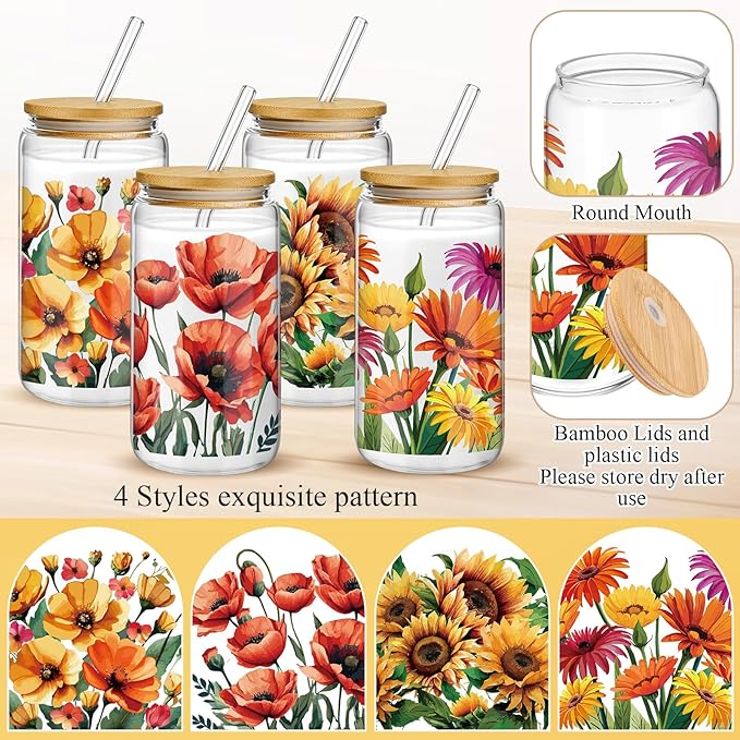 Mumufy 4 Pcs Oil Flower Themed Gifts for Women Cute Glass Cup Tumbler Flower Iced Coffee Mugs 16 oz Glass with Bamboo Lid & Straw, Christmas Mothers Day Birthday Gift for Mom Sister Bridesmaid