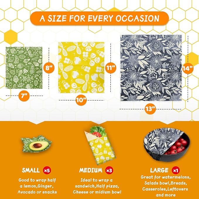 Organic Beeswax Wrap - Reusable Food Wrap Set, 9 Pack - 1L, 5M, 3S Flower Patterns - Sustainable, Sandwich Storage