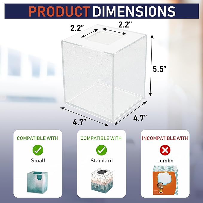 Acrylic Tissue Box Holder, Square Dispenser for Facial Tissues, Napkins, and Dryer Sheets. Perfect for Bathrooms, Desks, Countertops, Vanities, Bedrooms, and Nightstands (Square, Clear Glitter)