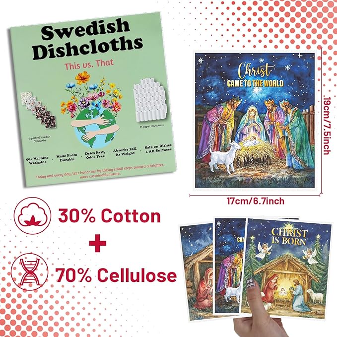 Christmas Swedish Dishcloths for Kitchen - 6PCS Nativity Christmas Swedish Cloths for Washing Dishes, Watercolor Holy Night Reusable Dish Towels Gifts, Holiday Xmas Washable Cleaning Sponge