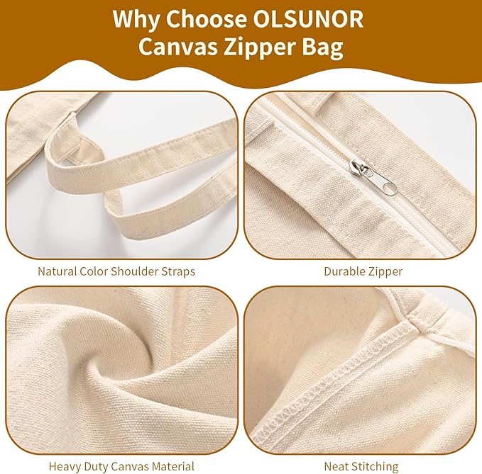 10 Pack Canvas Tote Bag with Zipper, Reusable Grocery Bags with Long Handle, DIY Heat Transfer Sublimation Blanks Shopping Bags for Advertising, Birthday, Thanksgiving, Christmas Craft Bags