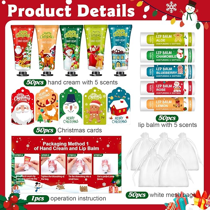 VESPRO 50 Pack Christmas Hand Cream and Lip Balm Gift Set, Bulk Christmas Gifts with Christmas Cards and Organza Bag, Christmas Decorations, Party Favors and Stocking Stuffers for Women