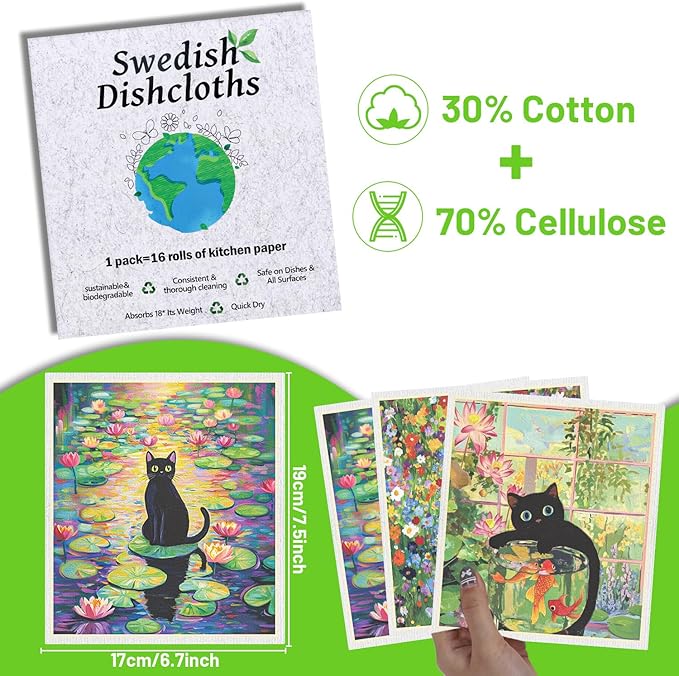 Swedish Dishcloths for Kitchen, 6 Pack Oil Painting Black Cat Reusable Paper Towels Washable, Absorbent Dish Rags for Washing Dishes Housewarming Gifts
