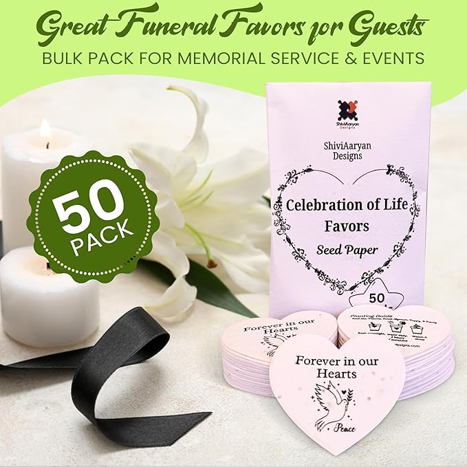 50 Plantable Seed Paper Funeral Favors for Guests - Handmade Seed Cards with Wildflower Seeds for Celebration of Life Events , Memorial Gifts, and Sympathy Cards -2.5 inch x 2 inch