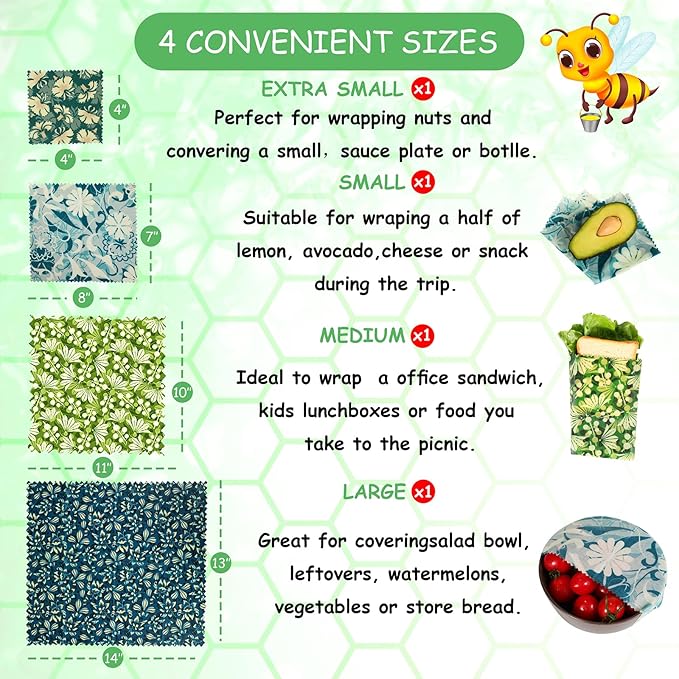 Reusable Beeswax Wrap, 4 Pack Eco-Friendly Beeswax Wraps For Food, Organic, Sustainable, Biodegradable, Zero Waste, Plastic-Free Food Storage (Flowers and Leaves)
