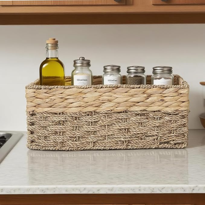 Handmade Water Hyacinth Storage Basket, Woven Basket Organizer with Inner Handles for Home & Office Decor (Large)