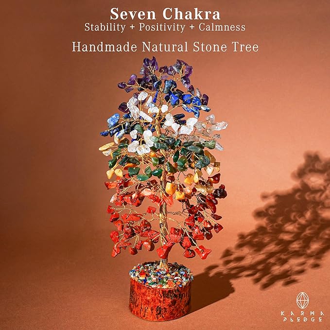 KARMAPLEDGE 7 Chakra Healing Crystal Tree of Life with Manifestation Card, Handmade Golden Wire Crystal Tree for Good Luck, Positive Energy, Wealth, Reiki Healing, and Decor, Gift for Women and Mom